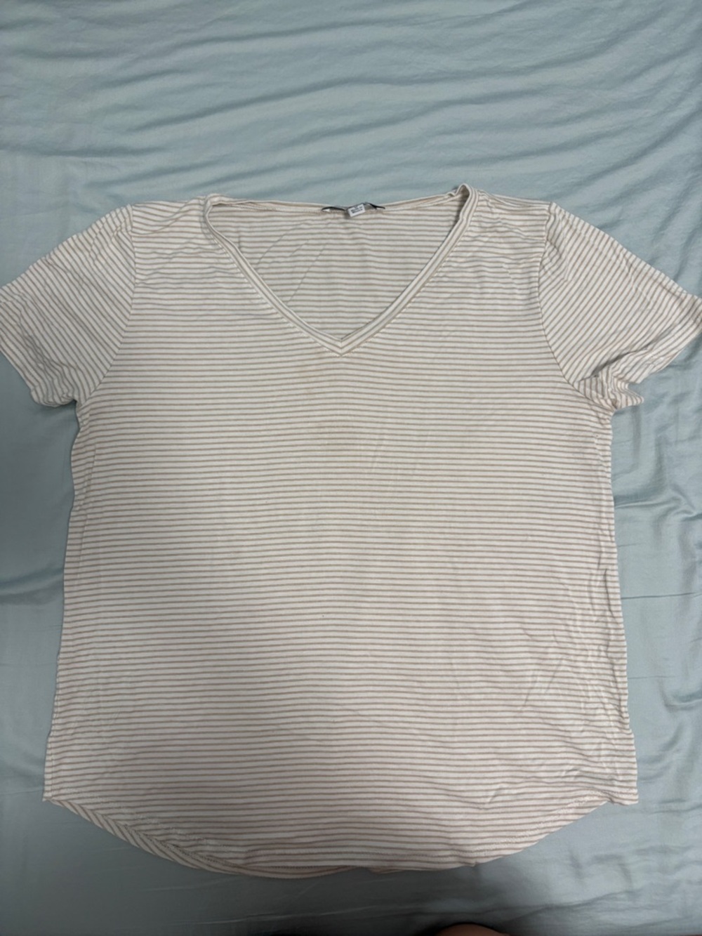 Green Envelope Striped V-Neck Tee in Cream and White